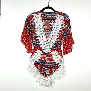NLW Sz S ROMPER 3/4 Bell sleeves Elastic waistband Red Black White 4”Lace trim